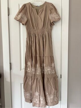 Polagram Taupe Embroidered Tiered Maxi Dress NWOT